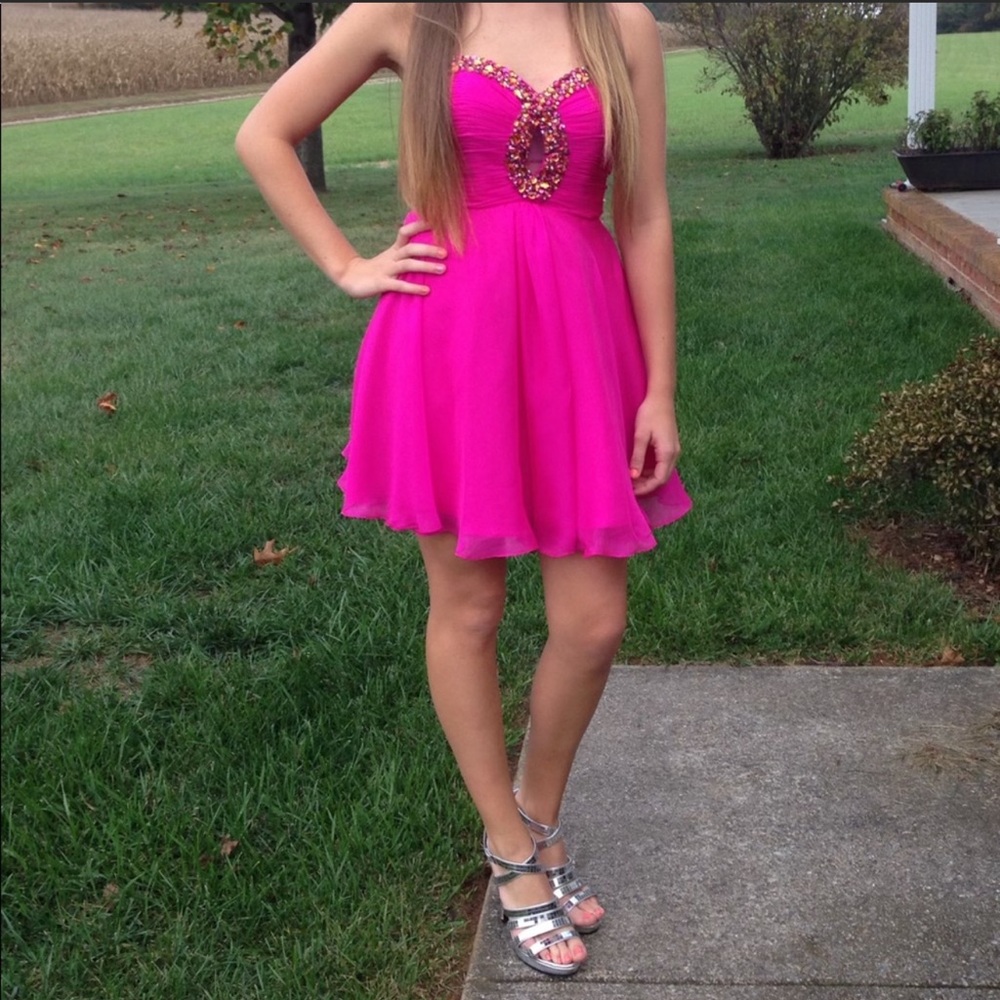 Sherri Hill Dress Worn Once , Bright Pink With Gem Stones.